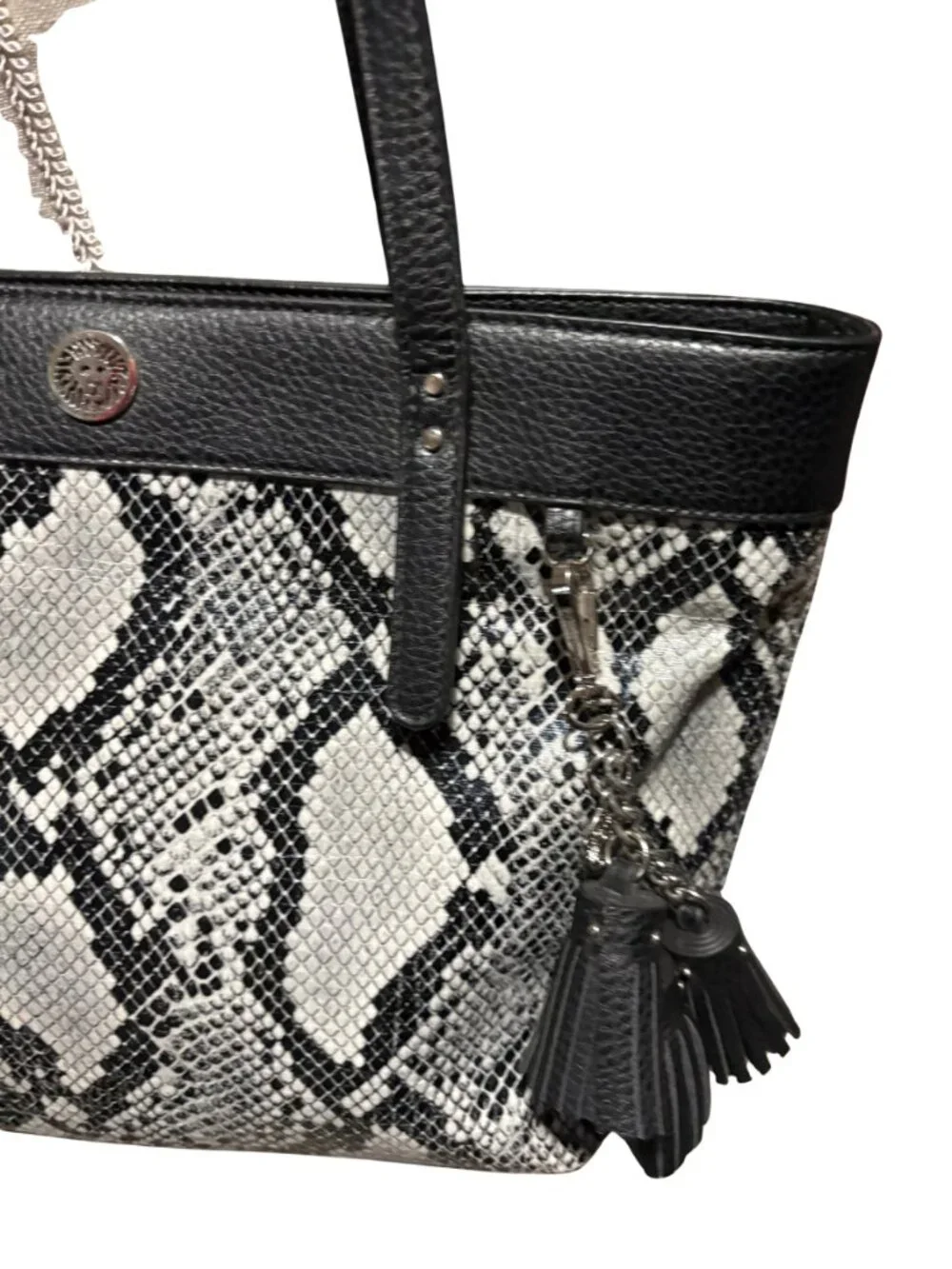Anne Klein Snake Print Tote Bag Black White Python Embossed Mob Wife Chic